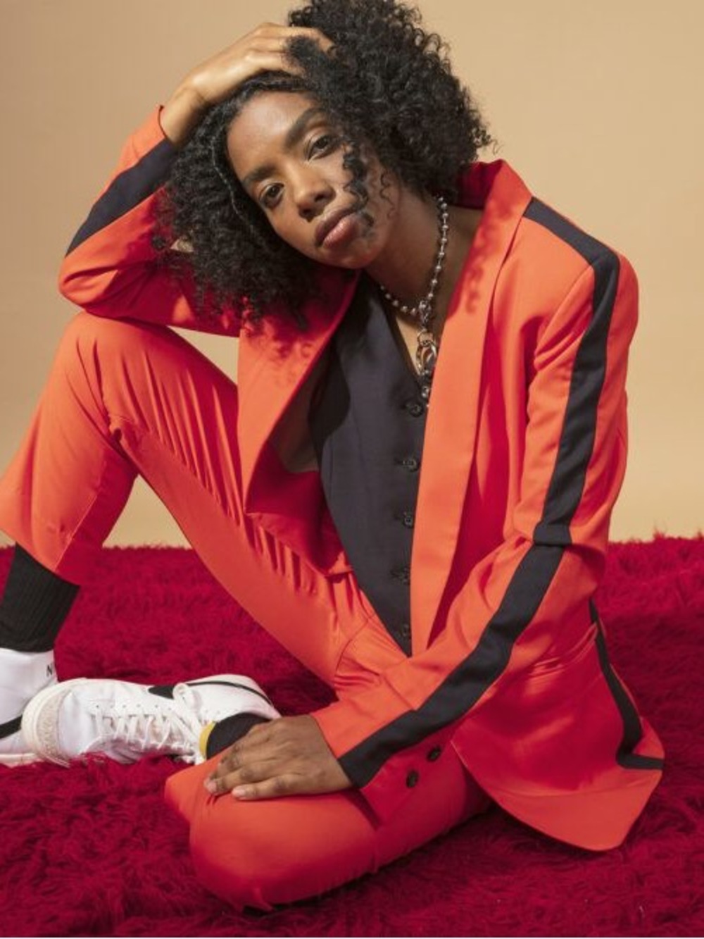 Wildfang Orange Color Block Blazer & Trouser Set with Black Stripes plus Corset